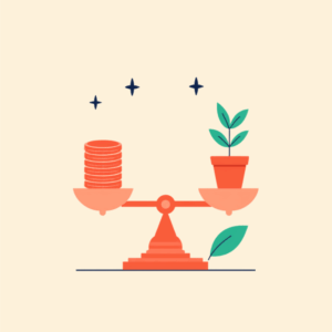 Balance scale weighing coins against a growing plant