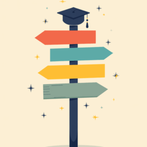 Wooden signpost with four colorful arrow boards and a graduation cap hanging on it, flat illustration