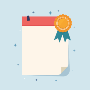 Flat illustration of a tear-off calendar page with a coral header band and a mustard rosette award badge with teal ribbon pinned to its corner
