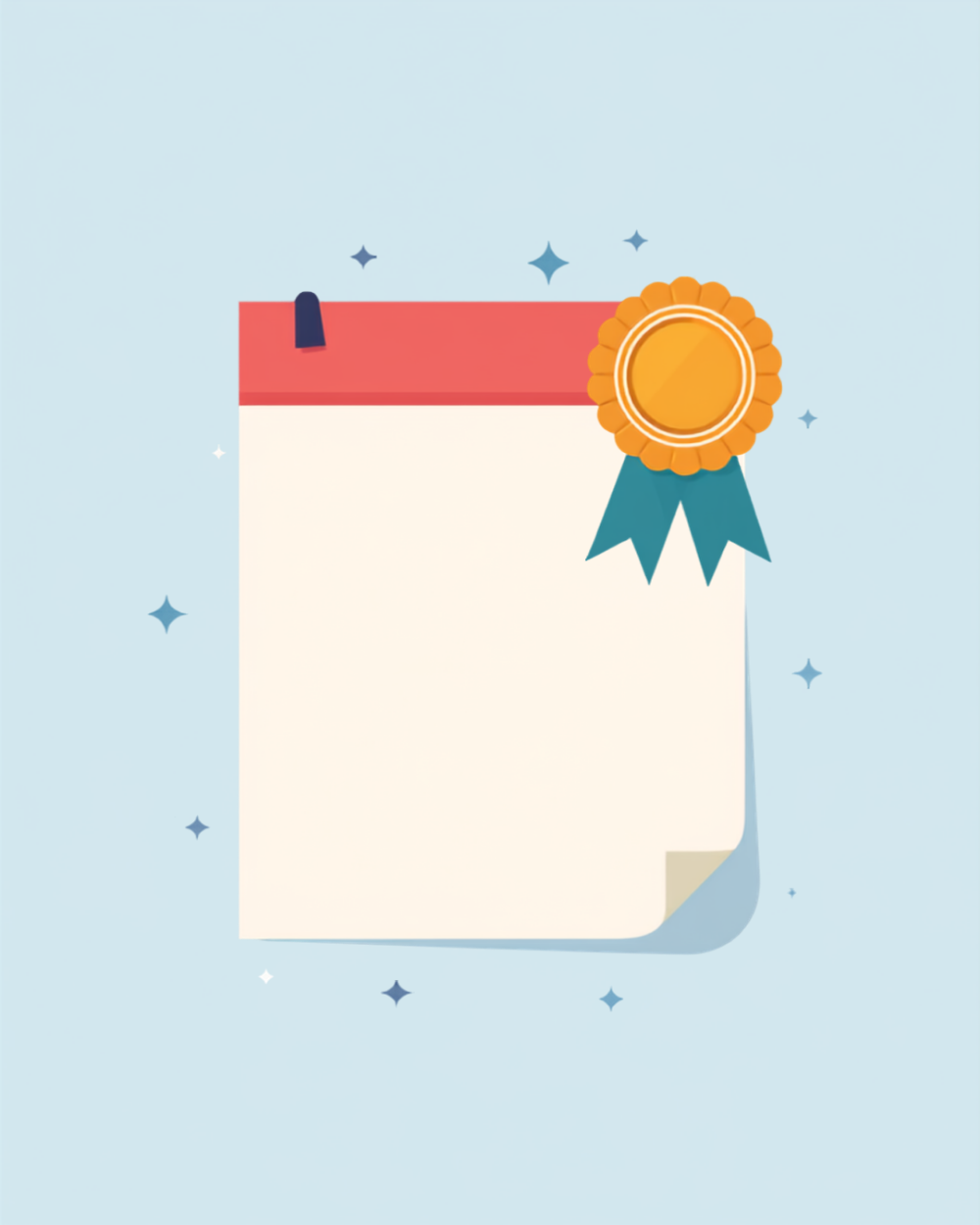 Flat illustration of a tear-off calendar page with a coral header band and a mustard rosette award badge with teal ribbon pinned to its corner
