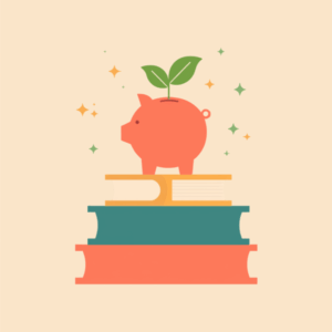Stack of three books with a small piggy bank and sprouting leaf on top, flat illustration