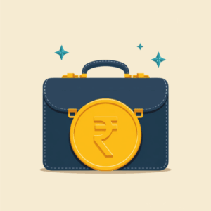 Flat illustration of a navy leather briefcase with mustard clasps and a large mustard rupee coin leaning against it