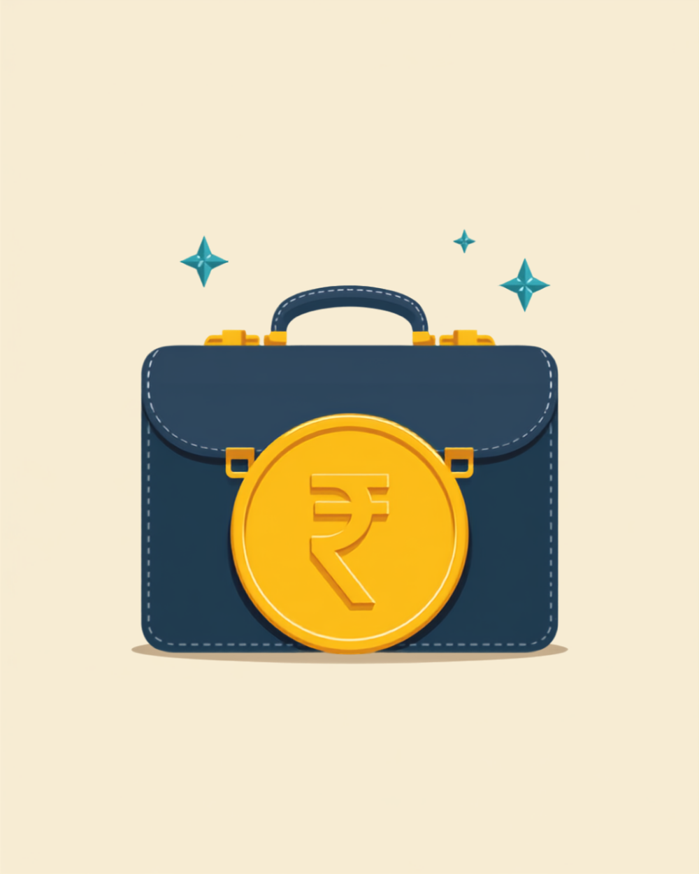 Flat illustration of a navy leather briefcase with mustard clasps and a large mustard rupee coin leaning against it