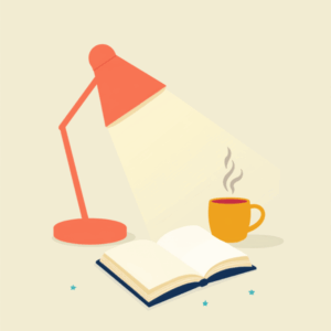 Desk lamp shining onto an open book beside a mug of chai, flat illustration