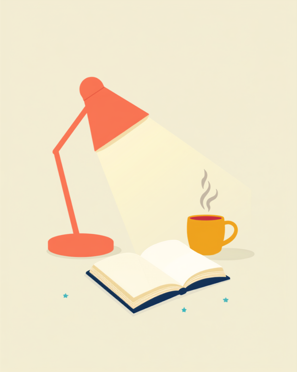 Desk lamp shining onto an open book beside a mug of chai, flat illustration