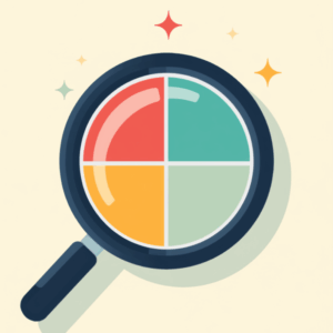 Large magnifying glass held over a four-slice pie chart, flat illustration