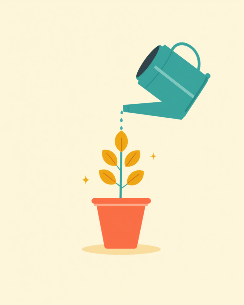 Flat illustration of a teal watering can pouring water onto a coral pot with a plant whose leaves are round mustard gold coins