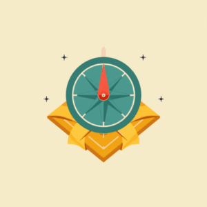 Round compass with a bold coral needle sitting on a folded mustard map corner, flat illustration