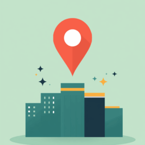 Flat illustration of a large coral map location pin standing over a small flat city skyline of teal and navy buildings with one mustard rooftop