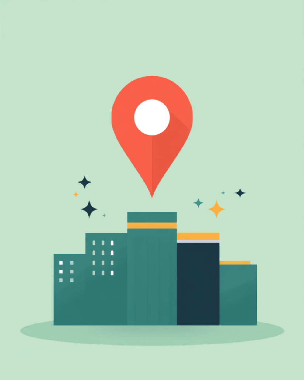 Flat illustration of a large coral map location pin standing over a small flat city skyline of teal and navy buildings with one mustard rooftop