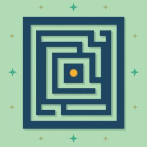 Flat illustration of a navy square maze seen from above with a single blank mustard gold coin at its centre