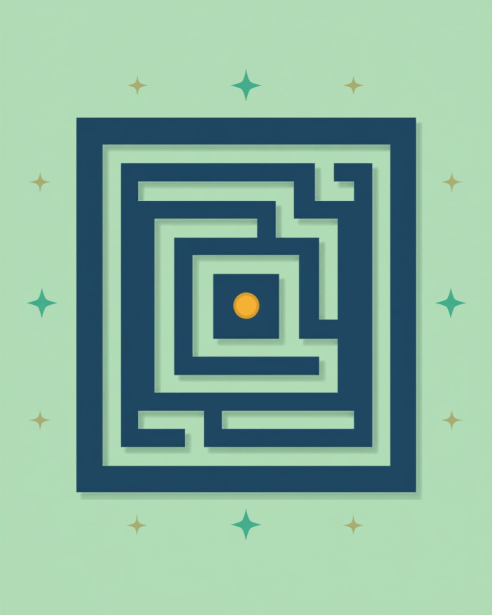 Flat illustration of a navy square maze seen from above with a single blank mustard gold coin at its centre